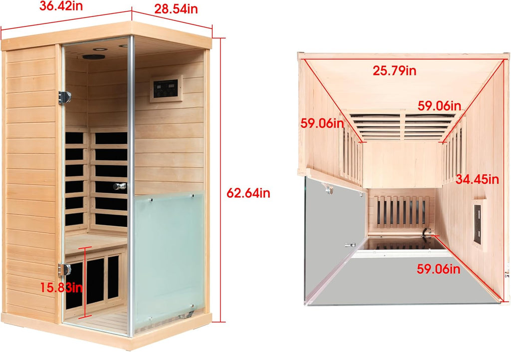 Sauna Infrared Saunas for Home 1 Person, 1060W Far Infrared Sauna Room Hemlock Wood Indoor Saunabox with Tempered Glass, Blue-Tooth Speakers, LCD-Display Control Panel