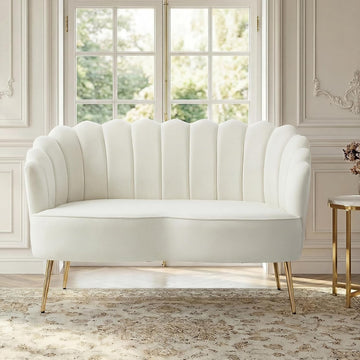 Velvet Loveseat Sofa with Gold Metal Legs and Flower-Shaped Back - Modern 2-Seater Accent Couch