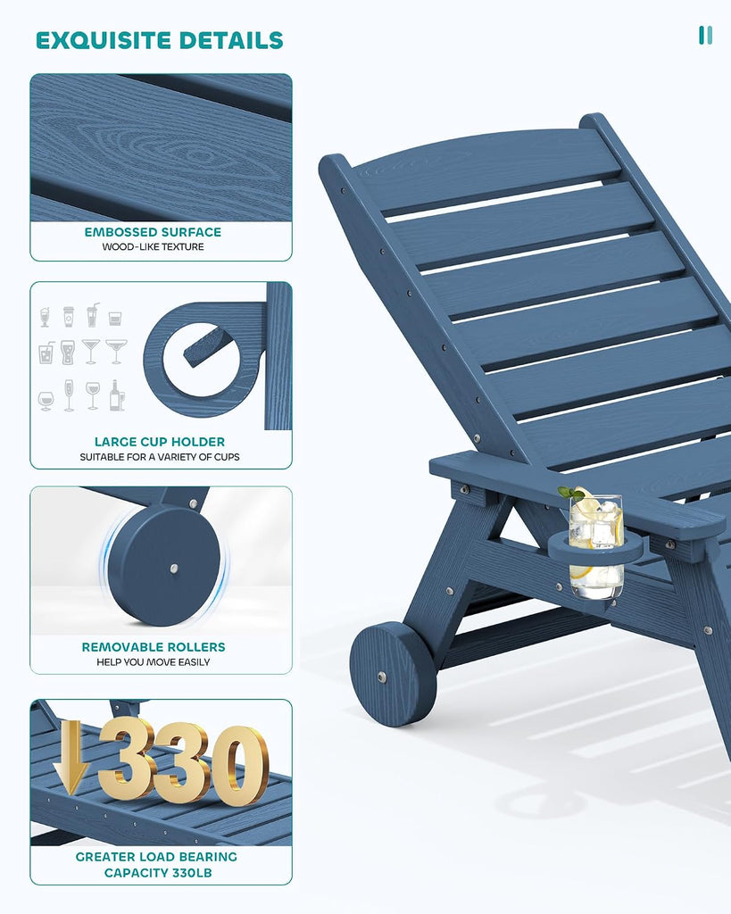 HDPE Outdoor Lounge Chair Set of 2 with Cup Holder, Blue | with 5 Position Adjustable Backrest & Rolling Wheels