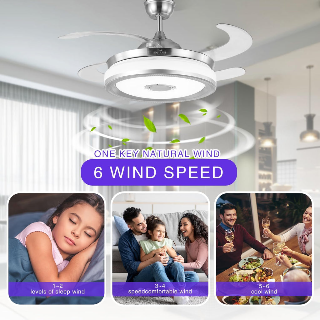 Retractable Bluetooth Ceiling Fan with Light and Speaker, Flush Mount Ceiling Fans