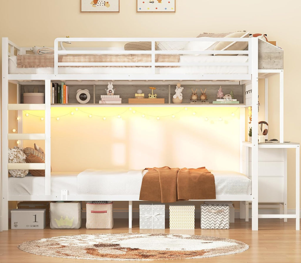 Bunk Bed Twin Over Twin with Charging Station and LED Lights