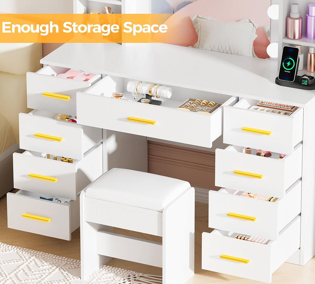 9-Drawer Makeup Vanity Desk with Lighted Mirror Hair Dryer Holder | White Vanity Dressing Table with Cushioned Stool