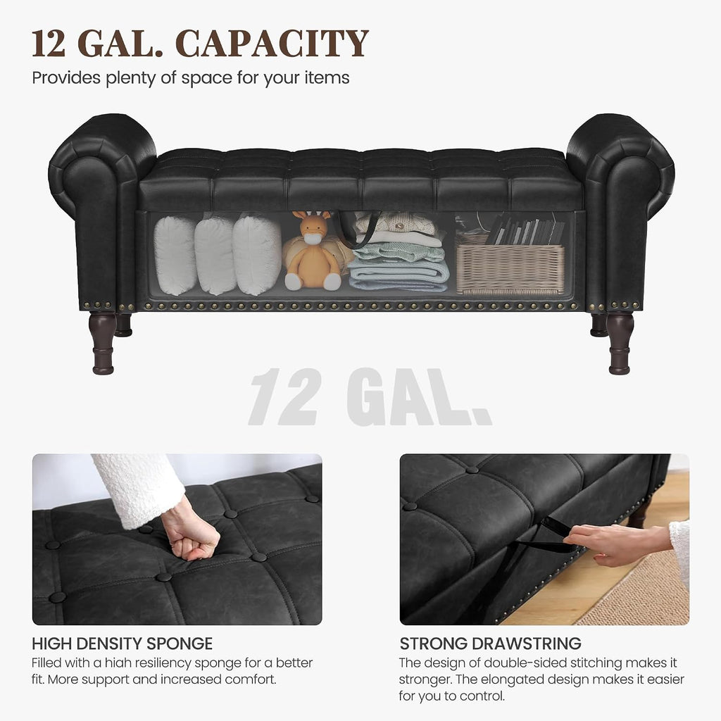 51" Ottoman with Storage, Upholstered Storage Ottoman Bench with Rolled Arms, PU Leather Storage Bench , Black