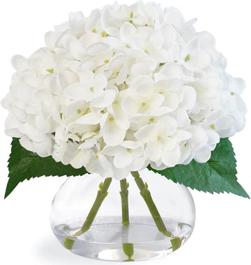 Hydrangea Artificial Flowers in Glass Vase, White Silk Fake Flowers Silk Centerpiece Table Decorations , Coffee Table