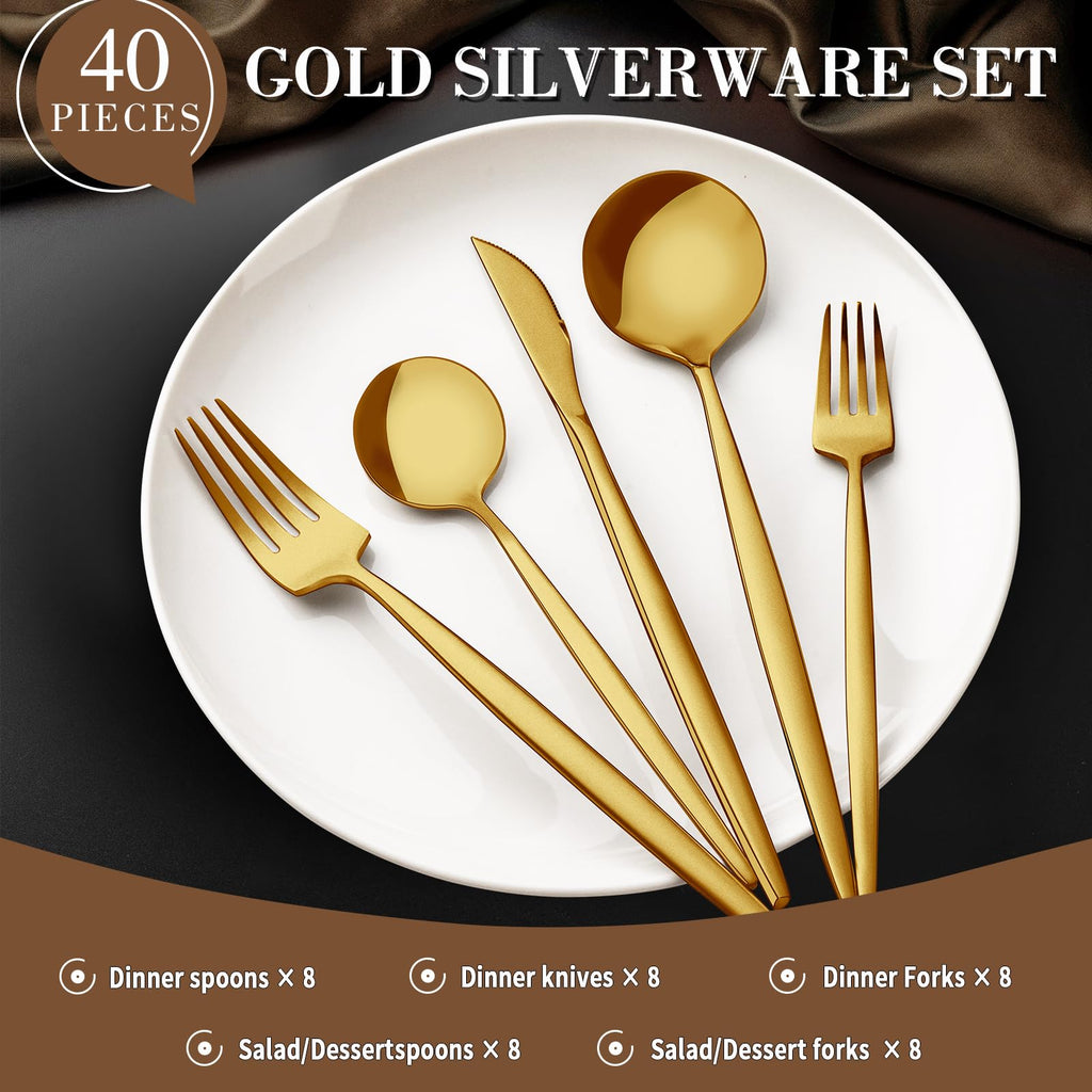 Gold Silverware Set for 8, Stainless Steel Flatware Set