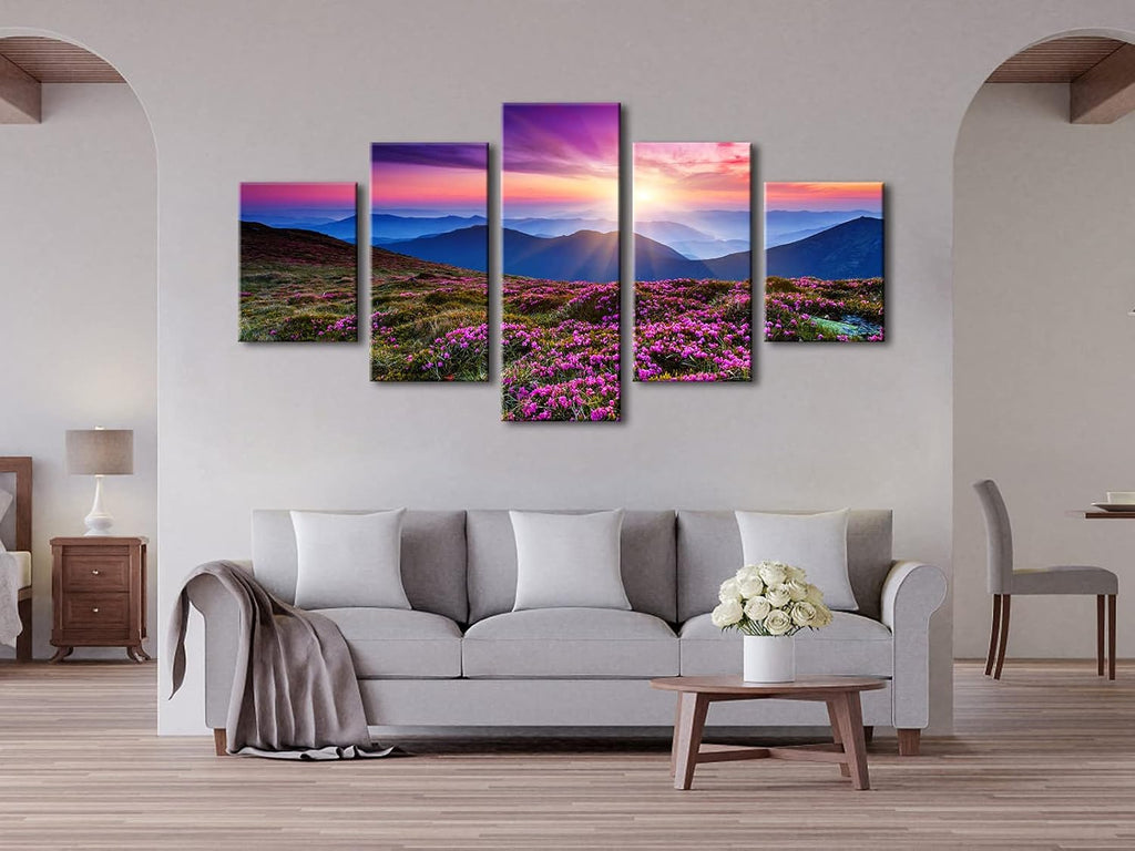 5 Piece Giclee Canvas Prints Wall Art Large Modern Gallery Wrapped Mountains in Sunrise Artwork Purple Landscape