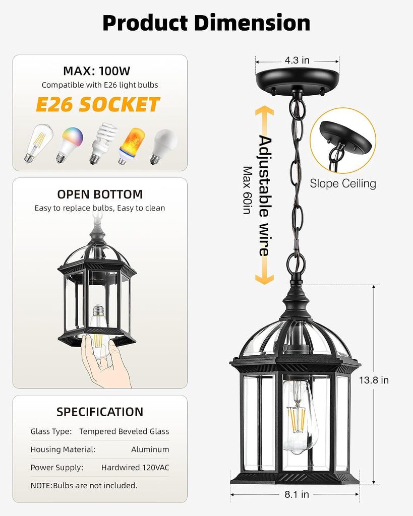 13.8" Large Outdoor Pendant Light Fixture, Black Hanging Porch Lights with Tempered Glass, Anti-Rust