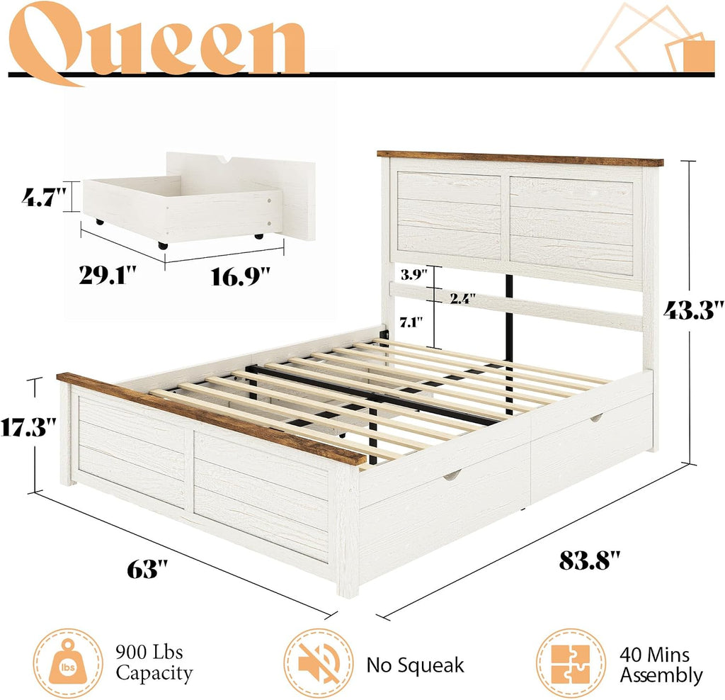 Queen Farmhouse Bed Frame with Headboard, Platform Bed with 4 Storage Drawers, Wood Bed Frame for Bedroom, Wood Slats