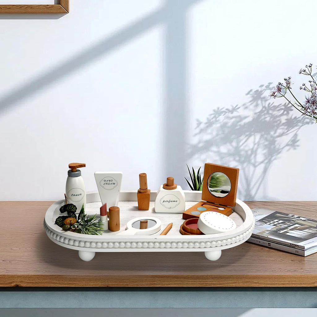 Wooden Decorative Tray Decor, Beaded White Oval Tray Decor for Coffee Table, Rustic Wood Serving Trays Farmhouse