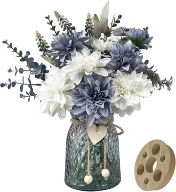 Fake Flowers in Vase,8 Dahlias,Silk Artificial Flowers in Vase,Centerpiece Table Decorations,Faux Flowers in Vase
