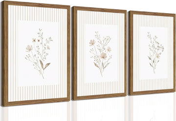 Neutral Wildflower Wall Art Set of 3, Vintage Flower Botanical Wall Decor Canvas Prints Pictures, Rustic Cottagecore