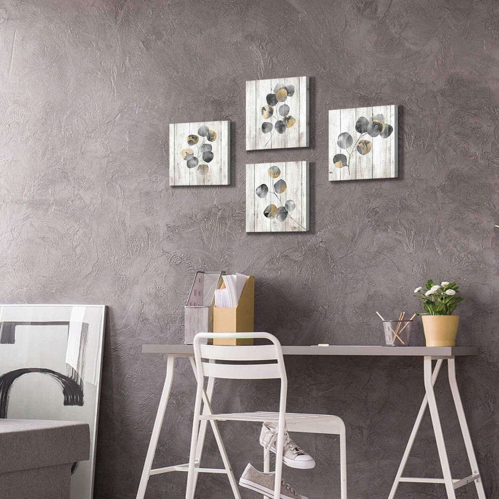 Leaf Artwork Botanical Canvas Print: Gray Leaves Painting Wall Art (4 PCS, Multi-Sized)