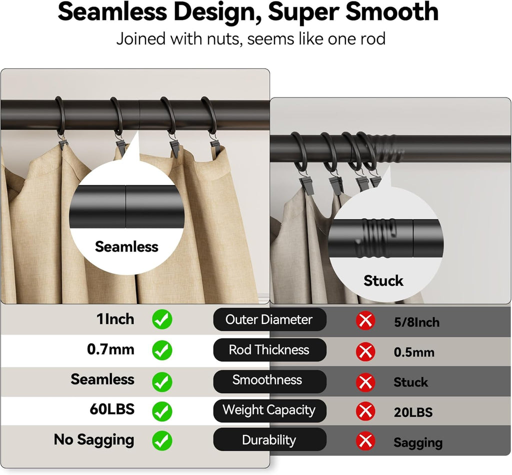 Heavy Duty Curtain Rods 32-150 Inch, 1 Inch Adjustable Black Curtain Rod for Windows, Extra Long Window Treatment
