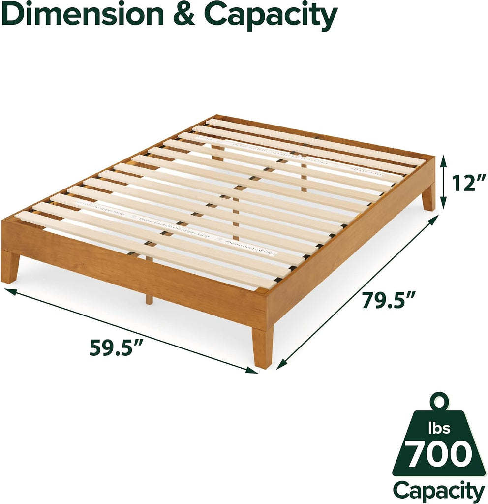 12 Inch Deluxe Wood Platform Bed / No Boxspring Needed / Wood Slat Support / Rustic Pine Finish, Queen (OLB-PWPBBO-12Q)