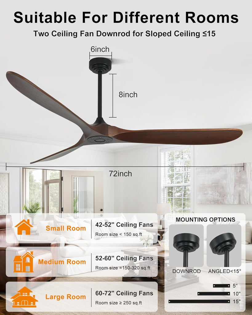 72" Smart Ceiling Fan without Lights, Wood Large Ceiling Fan with Remote Alexa Google App