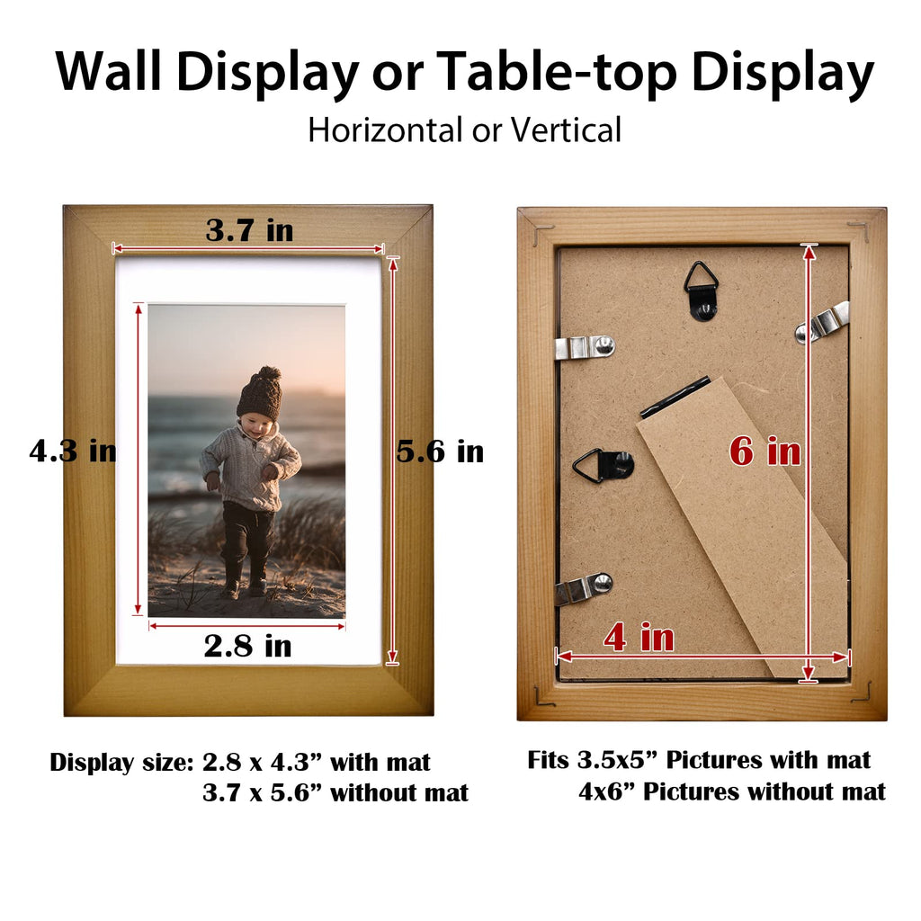 4x6 Frame Brown, Solid Wood 4 x 6 Picture Frame with Acrylic Plexiglass for 3.5x5 with Mat, Tabletop and Wall Display