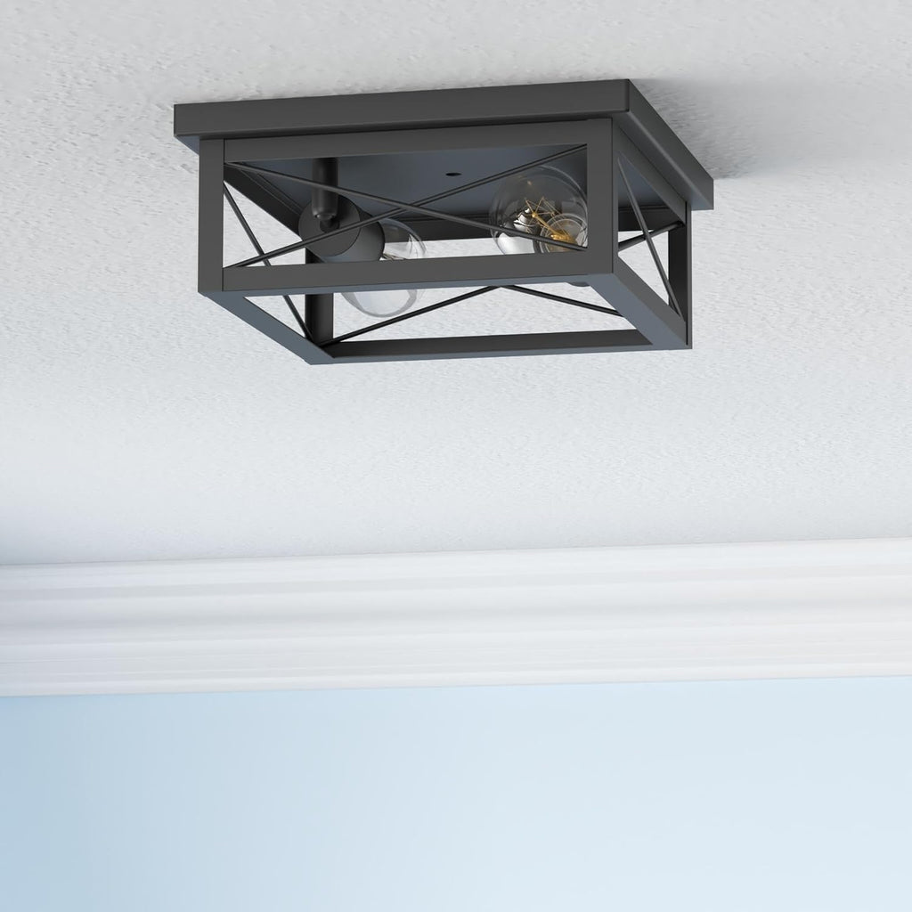 2-Light Industrial Square Flush Mount Ceiling Light, Farmhouse Ceiling Light Fixture for Kitchen