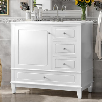 36" Bathroom Vanity with Sink, Harper & Bright Designs Free Standing Single Vanity Set with 3 Drawers and One Door with Storage Racks, Solid Wood Storage Cabinet with Ceramic Basin for Bathroom, White