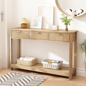 Fluted Console Table with Drawers, Modern 47.1" Entryway Table with Storage Shelf, Boho Narrow Skinny Behind Couch
