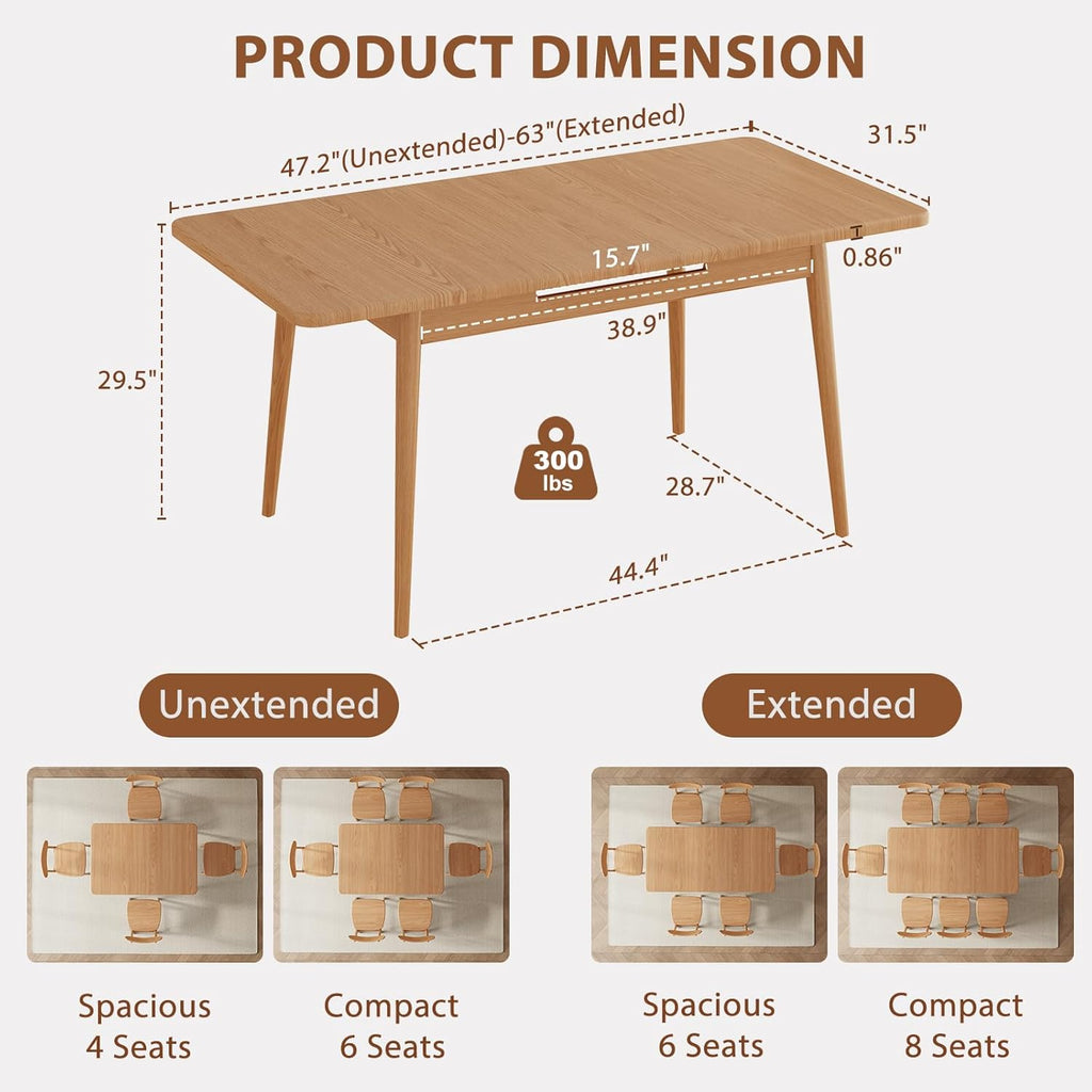 Solid Wood Extendable Dining Table for 4-8 People with Seamless Extension from 47.2 to 63 Inches, Easy Assembly