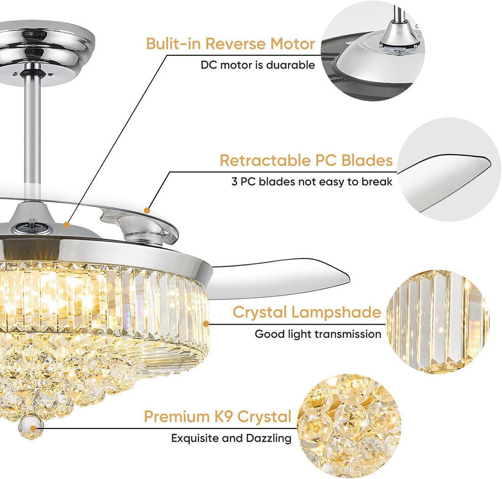 52 Inch Fandelier Ceiling Fan with Light, Retractable Chandelier Fan LED Dimmable Crystal Ceiling Fan Living Room