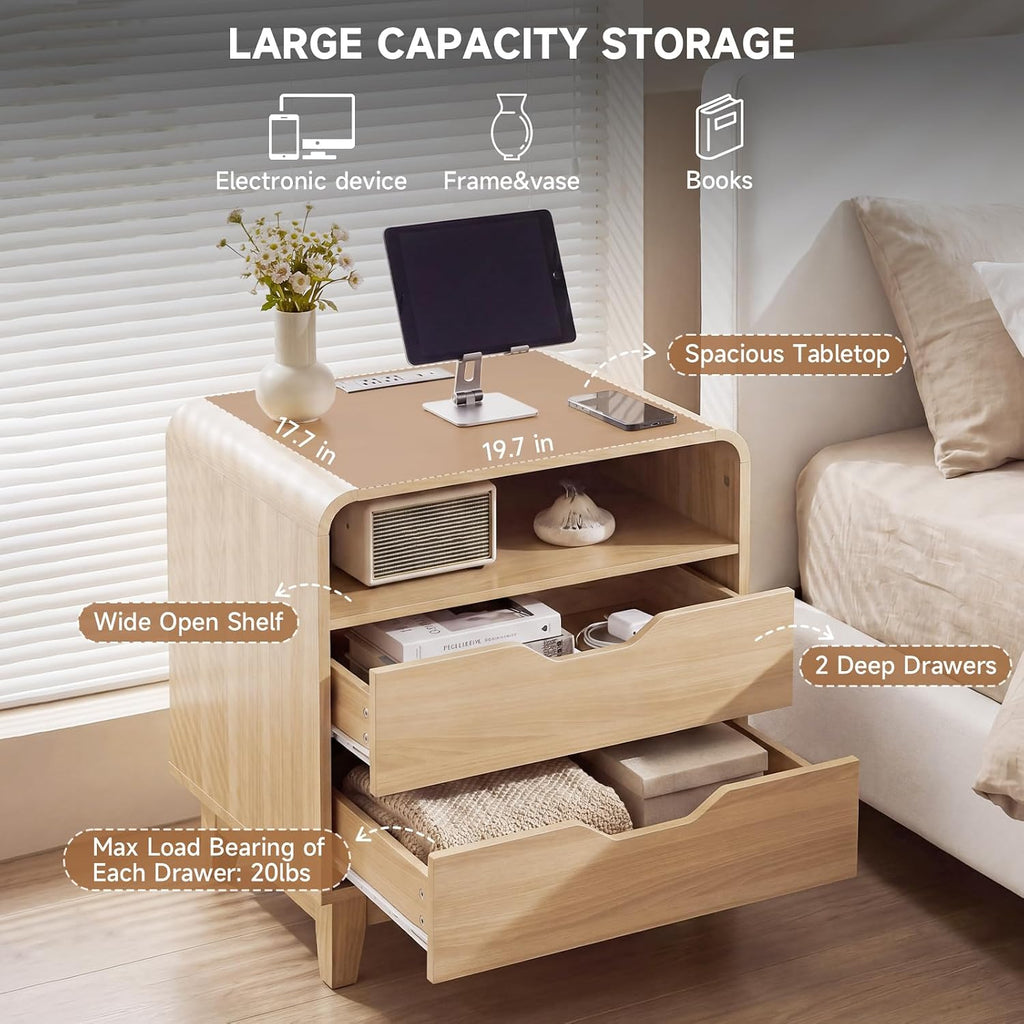 Nightstand with Charging Station, Modern Night Stand with LED Light, 23.6" Wide Wood Bed Side Table Bedroom, Large