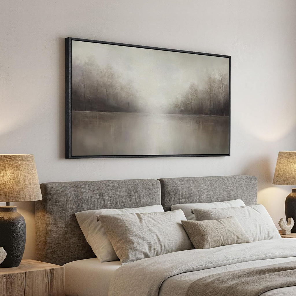 Framed Abstract Landscape Wall Art , Extra Large Brown Misty Lake Trees Canvas Artwork for Walls, Horizontal