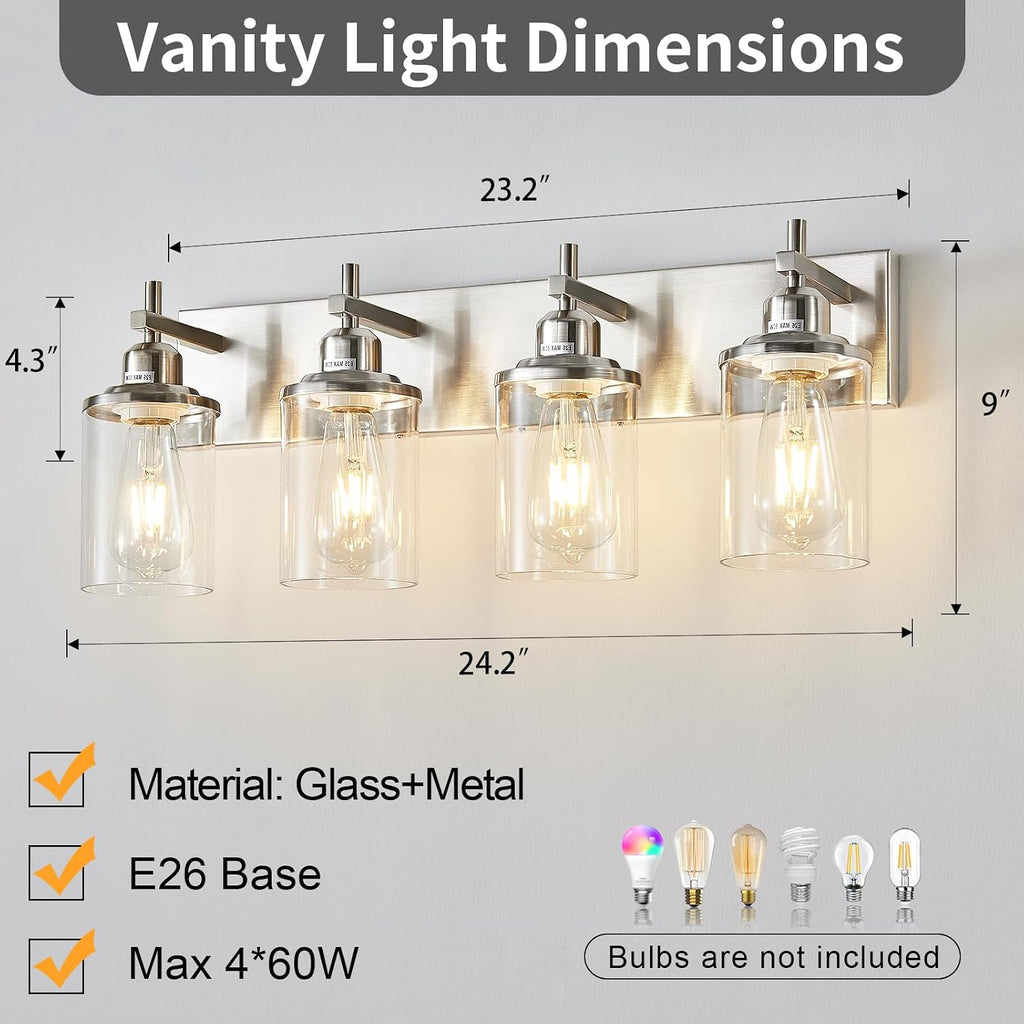 4-Light Brushed Nickel Bathroom Light Fixture Over Mirror Modern Bathroom Vanity Light Vintage Wall Lighting with