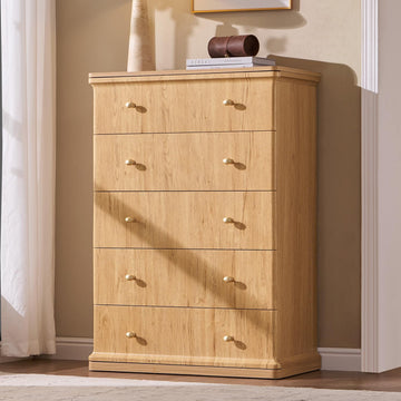 Modern 5 Drawers Dresser , 42" Tall Dressers & Chests of Drawers w/Curved Waterfall Edge, Wood Mid Century Vertical