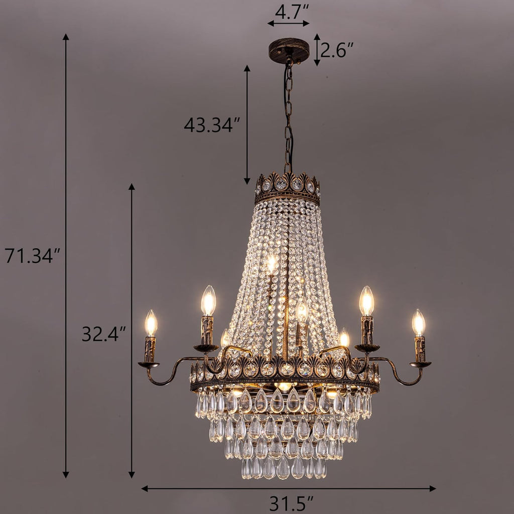 French Empire Crystal Chandelier, 31.5" D Modern Farmhouse Ceiling Light Fixture for Dining Living Room, Rustic Antique Bronze Chandelier for Bedroom, Kitchen, Bathroom, Foyer