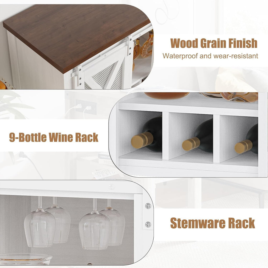 Wine Bar Cabinet with Storage - Sliding Barn Door Kitchen Buffet, Wood Sideboard Console with Wine Rack & Glass
