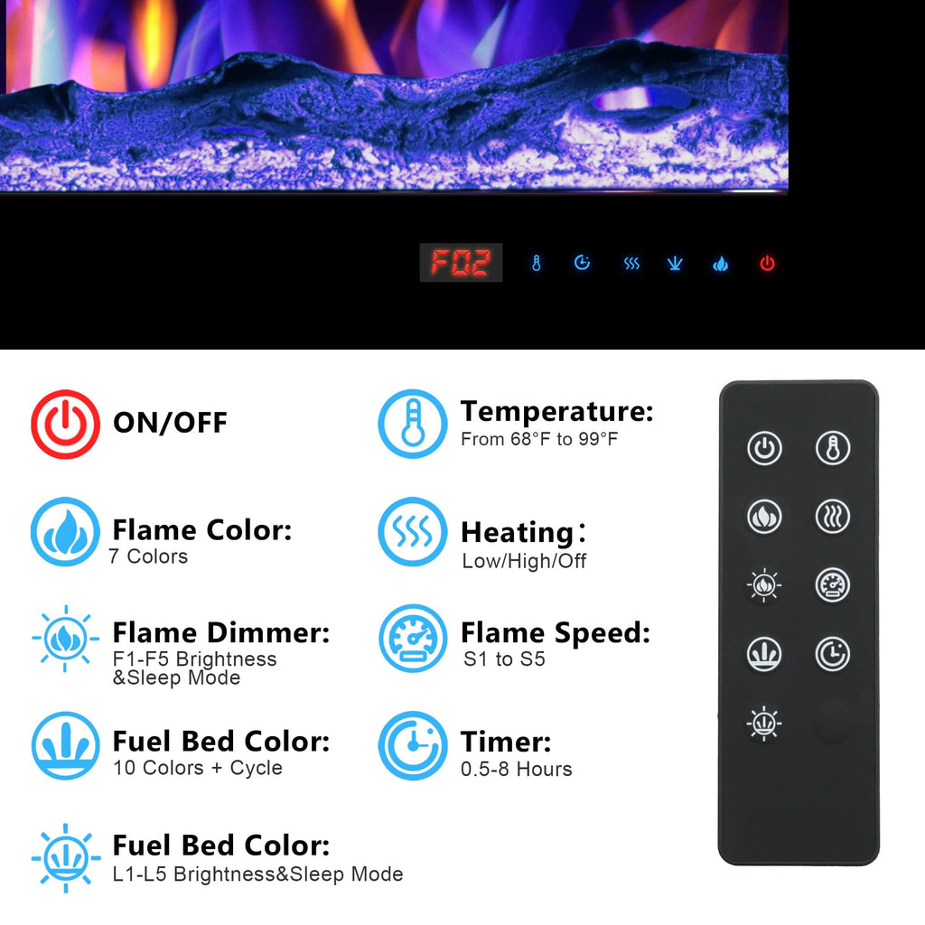 54" Electric Fireplace, Wall Mounted & Insert Electric Fireplace, W/Mixed Color Flame, Adjustable Brightness & Speed