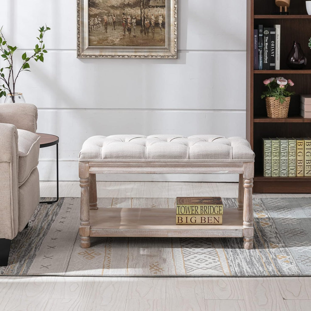 Farmhouse Storage Bench Wooden Entryway Linen Upholstered Ottoman Button Tufted Bench End of Bed Hallway Organizer