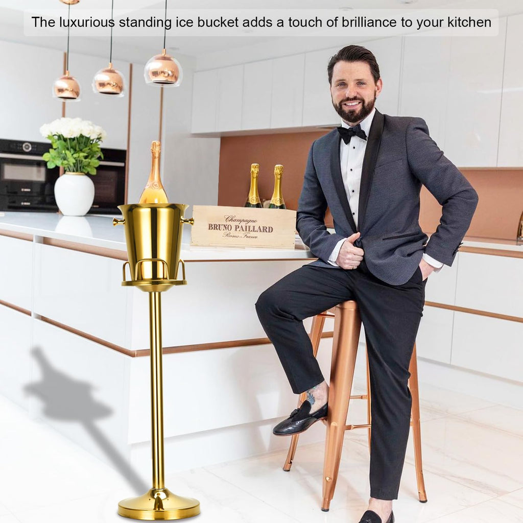 Champagne Bucket with Stand,Ice Bucket with Stand Stainless Steel Bucket Wine Chiller On Stand 12Lb Hammered Tall Ice
