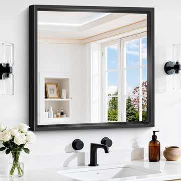 24x24 Square Black Mirror, Bathroom Mirrors for Over Sink 0.6" Thickened Deep Frame, Brushed Black Rectangle Mirrors