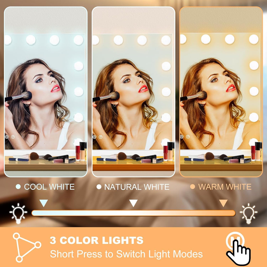 Vanity Mirror with Lights, Hollywood Lighted Makeup Mirror with 15 Dimmable Bulbs and 10X Magnification, 3 Colors