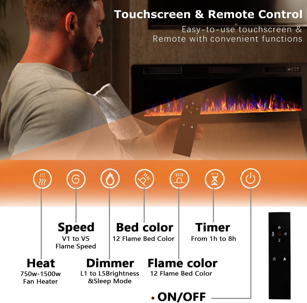 72 Inch Ultra Thin Electric Fireplace-Narrow Bezel Linear Fireplace Heater Recessed Wall Mounted
