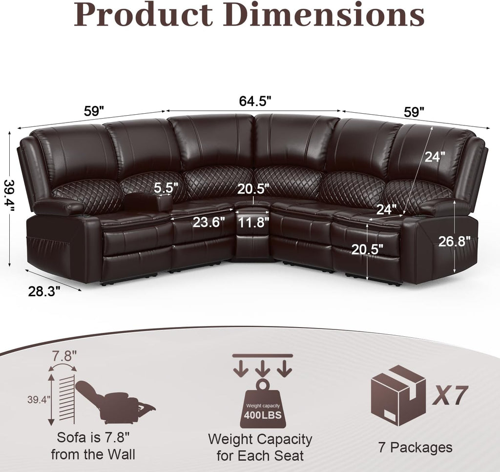 Home Theater Seating Reclining Sectional Sofa, 5 Seats Soft Leather Recliner Corner Sectional Couch