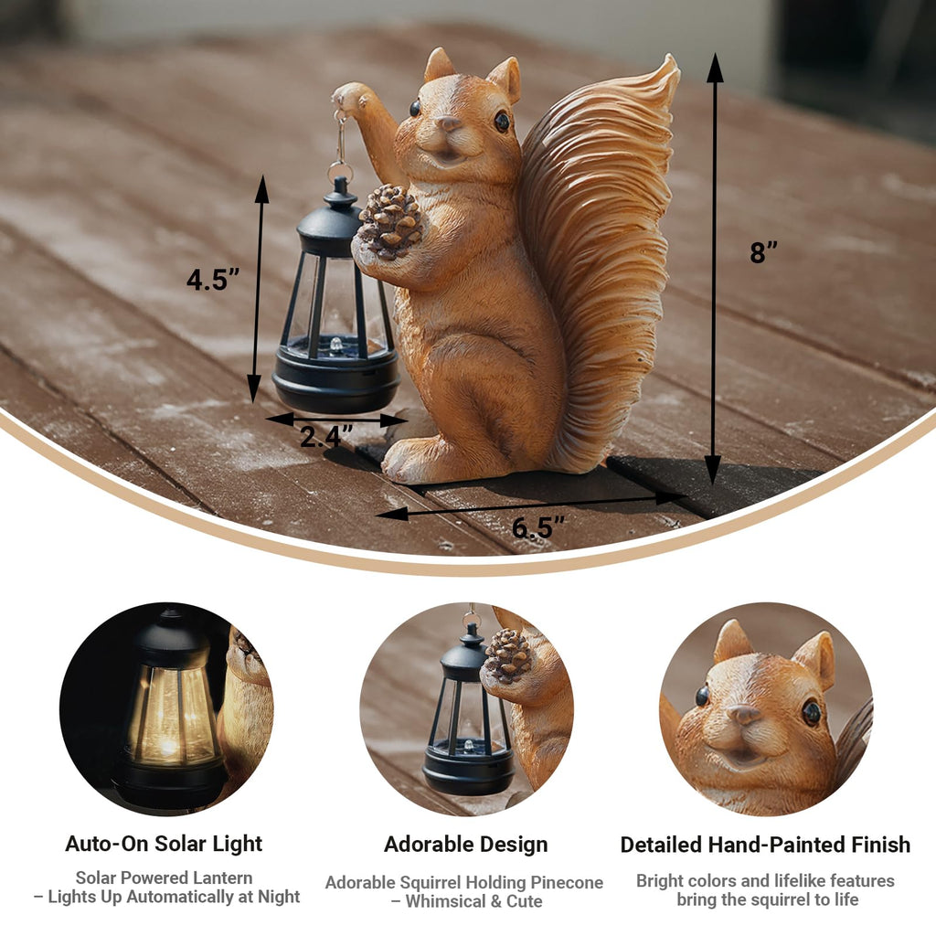 Solar Squirrel Garden Statue Outdoor Decor, Brown, Resin