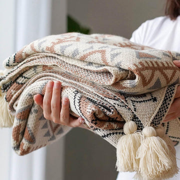 Boho Throw Blanket, Knitted Brown Tassel Throw Blankets, Soft Lightweight Vintage Tan Throw Blanket