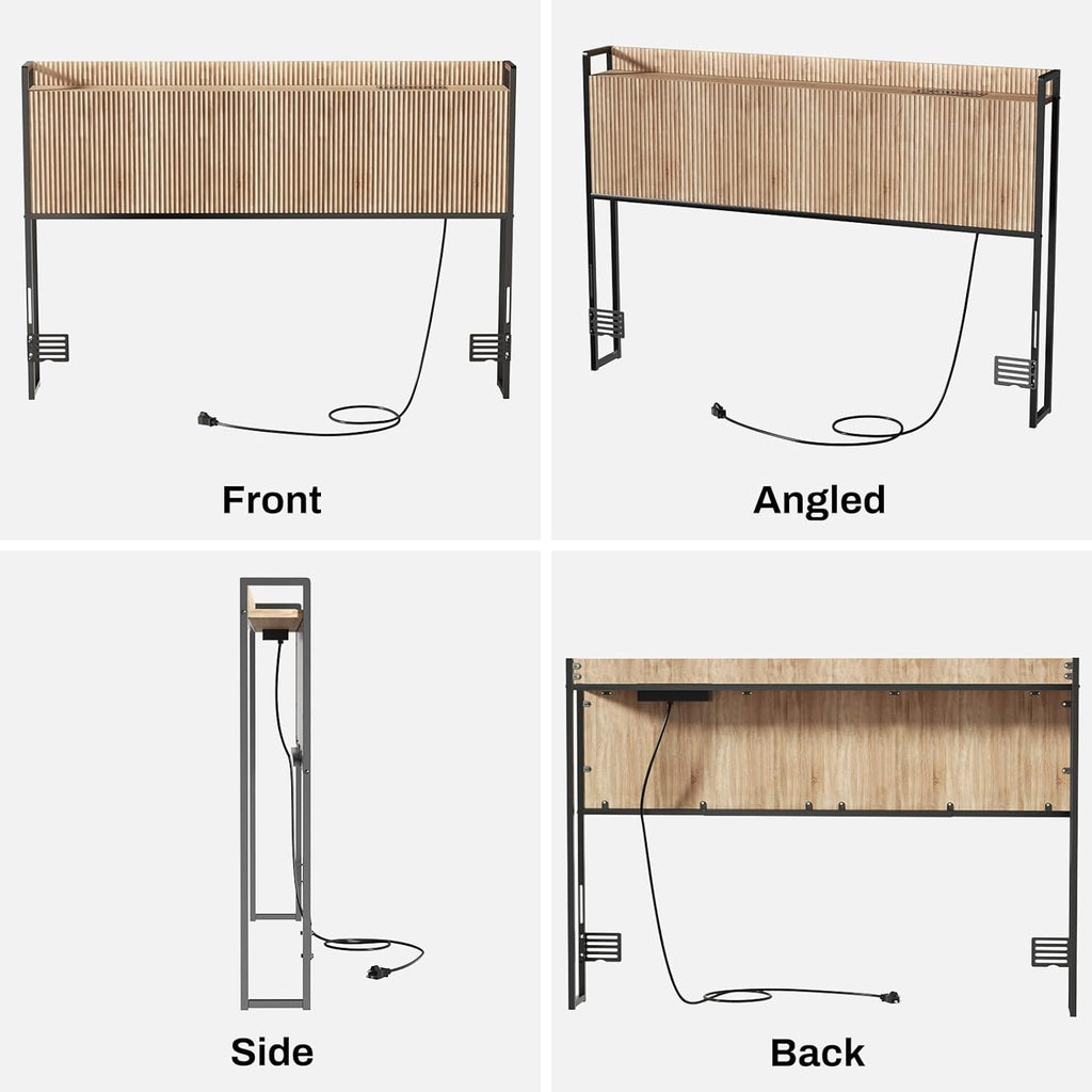 King Headboard Only with Outlets, Wall Mount Wood Fluted Headboard with Storage, Height Adjustable, Storage Rack