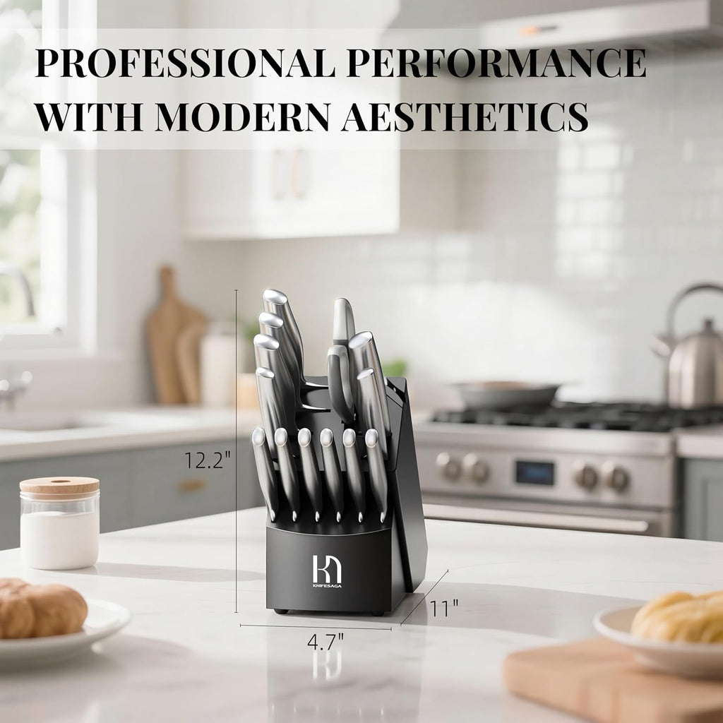 14 Pcs Knife Block Set, Premium, Razor Sharp, Japanese Steel | Innovative Steel, High Carbon Stainless, Enduring