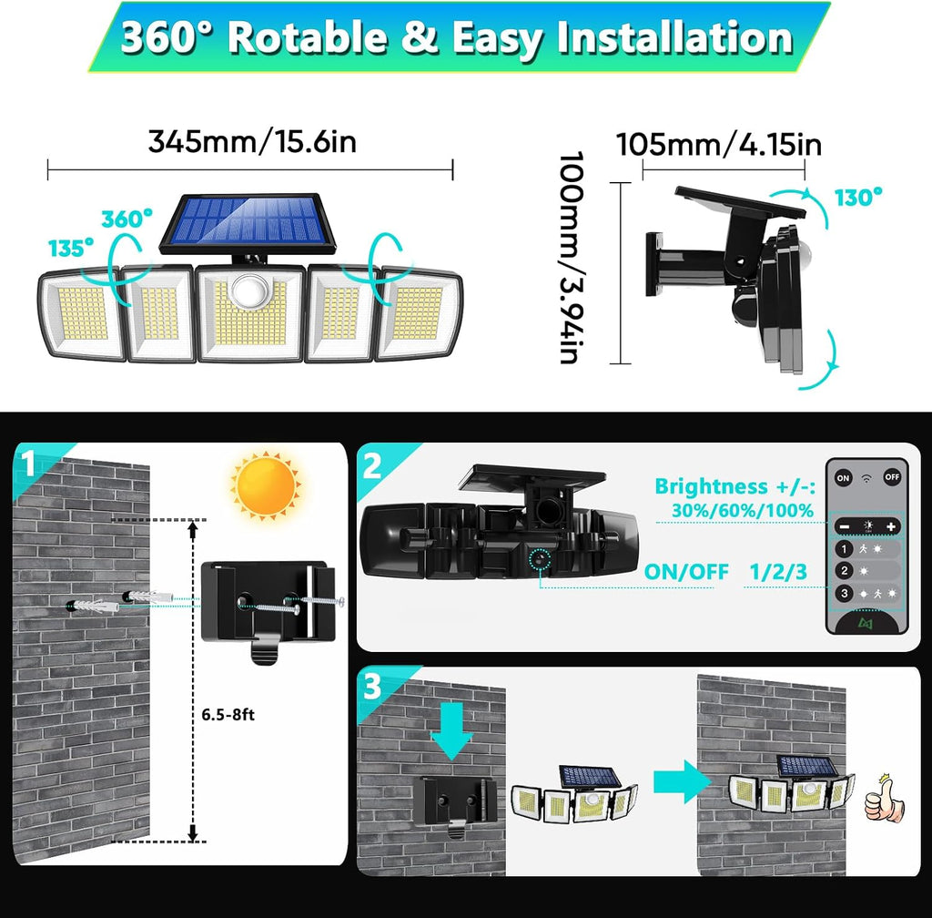 Solar Lights Outdoor Waterproof Motion Sensor - 3000 Lumens 5-Head Adjustable Solar Flood Light, IP65 Waterproof