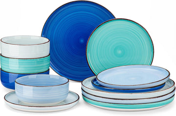 Bonita Blue Dinnerware Sets, Plates and Bowls Set for 4, 12 Pieces Stoneware Dinnerware Set