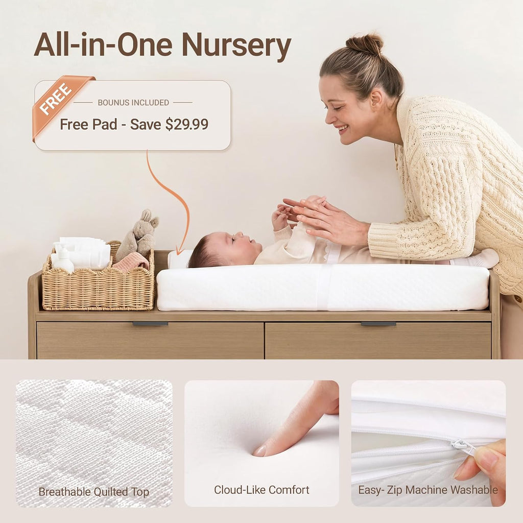 Pro 6-Drawer Baby Dresser with Changing Table, Easy Assembly | Walnut Wooden Nursery Dresser, Anti-Tip Design &