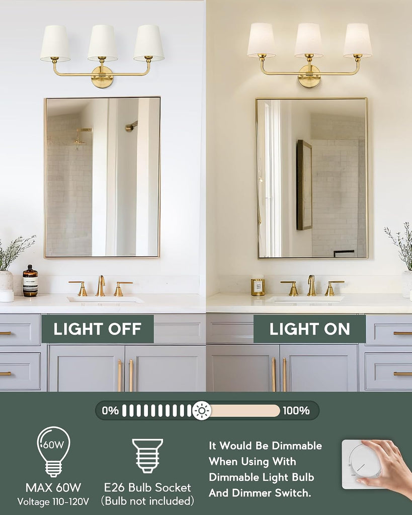 3-Light Brushed Gold Bathroom Vanity Light, Beige Fabric Shades | 24.5" bathroom light fixtures over mirror, upward
