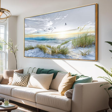 Canvas Prints Wall Art Beach Sunrise Ocean Waves Beach Grass Nature Pictures Stretched Canvas Wooden Framed Bedroom