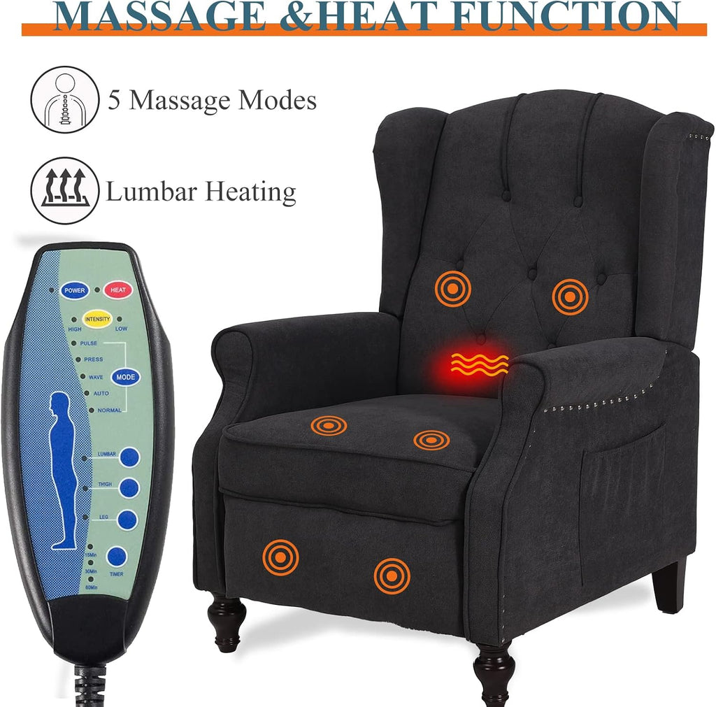 Wingback Recliner Chair with Massage & Heat, Mid Century Push Back Accent Chairs with Tufted Back, Nailhead Trim &