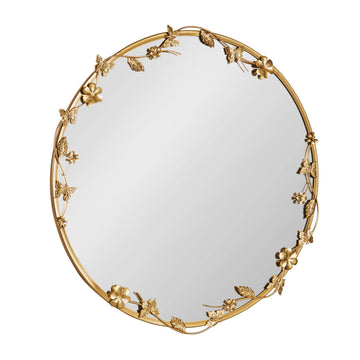 Rosella Modern Ornate Round Wall Mirror, 26 Inch Diameter, Gold, Circle Mirror with Floral Detailing for Use as
