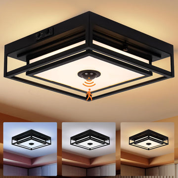 LED Motion Sensor Outdoor Ceiling Light, Modern Black Flush Mount Ceiling Light